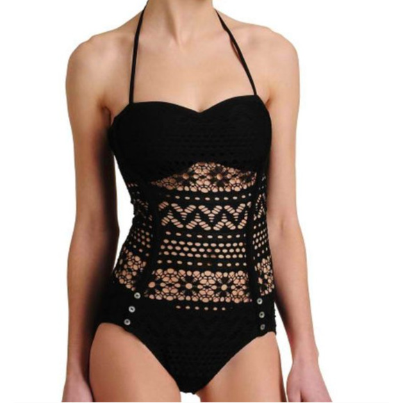 Robin Piccone One-Piece Swimsuit Women's 6 Black Penelope Crochet Overlay - Picture 1 of 6